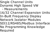 Single Channel Units Dynamic High Speed VW    - Measurements 16/32 Channel Expansion Units In-Built Frequency Display Network Isolator Modules SDI12/RS485/Modbus Interface No Programming Knowledge  Required